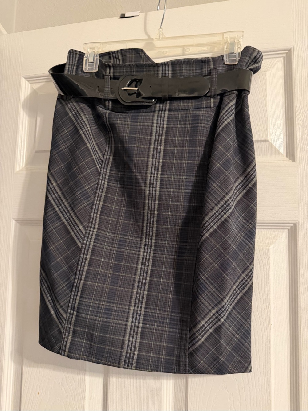 My Michelle Gray Plaid Pencil Skirt with Black Belt